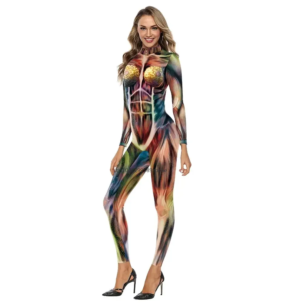 Halloween Skelett Muskel gedruckt Cosplay Kostüm Mode Langarm Spandex Bodysuit Stretch Party wear Zentai Catsuit