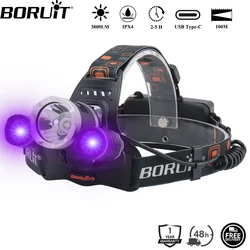 BORUiT RJ-3000 UV LED Headlamp 390nm Type-C Rechargeable Super Bright Headlight Waterproof Head Torch for Camping Fishing