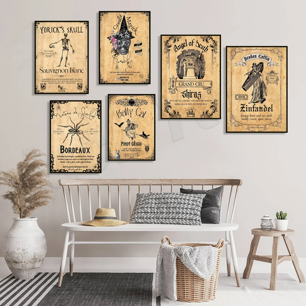 Retro witch halloween poster, white wine label print, witch cat bat wine bottle, skull skeleton spider, gothic decoration