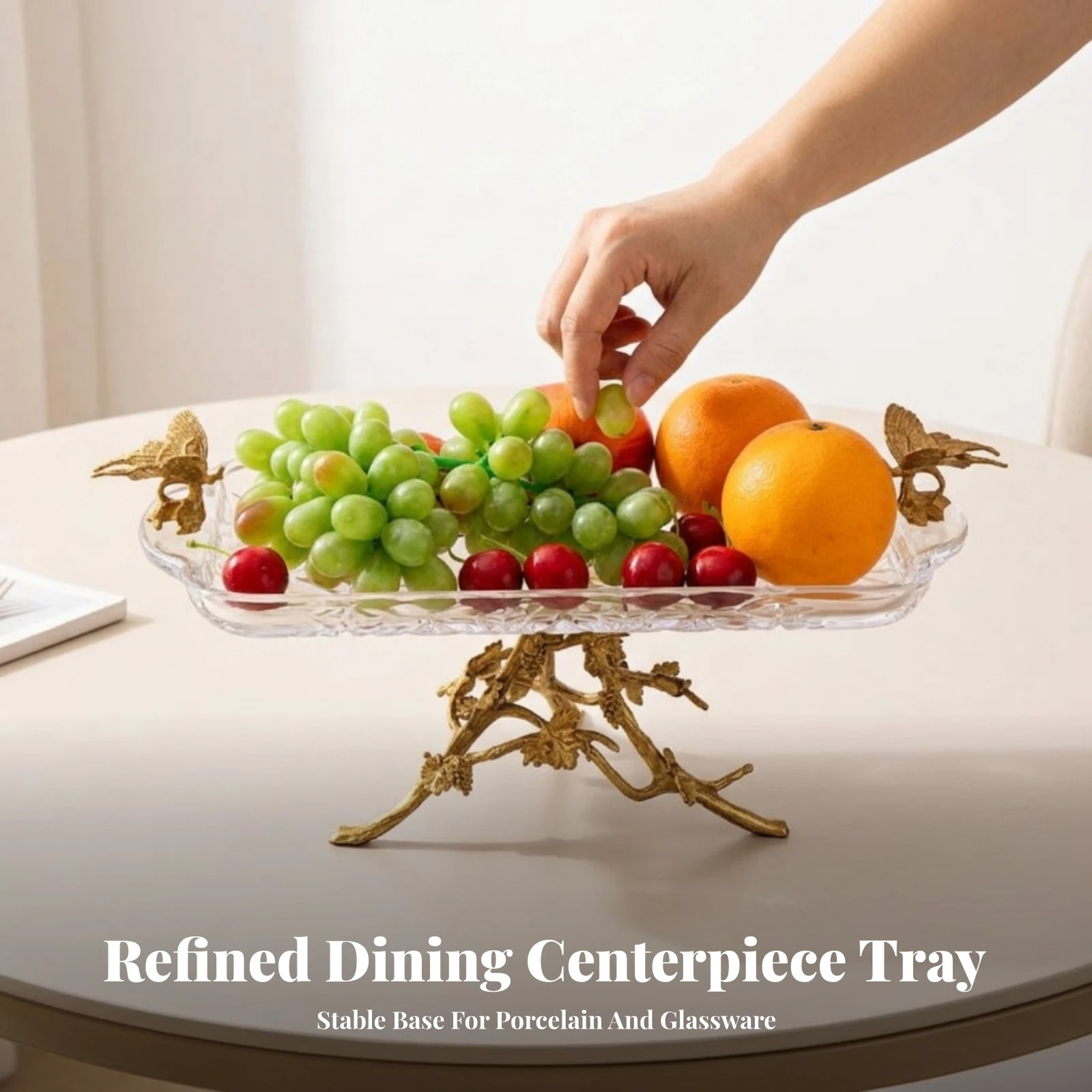 Crystal Glass Serving Tray Elegant Glass Tray with Metal Base Dessert Platter Transparent Fruit Bowl with Stand Stylish