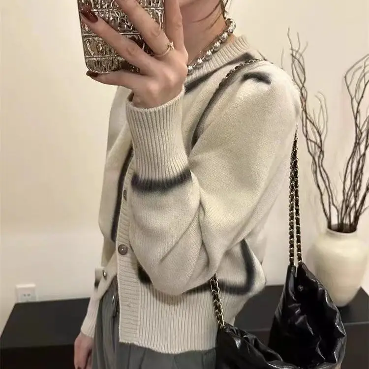 Tie-dye Sweater Cardigan for Women 2025 Autumn and Winter Design Round Neck Short Knitted Top Jacket for Women