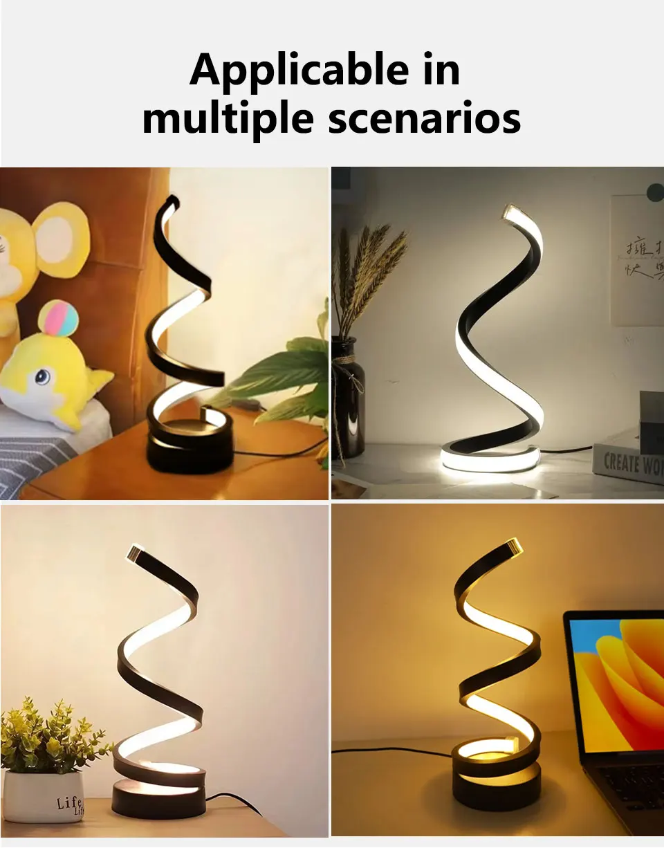 USB Plug in Creative Spiral LED Night Light Dimmable 3 Colors Adjustable for Living Room Office Desk Table Bedroom Bedside Decor