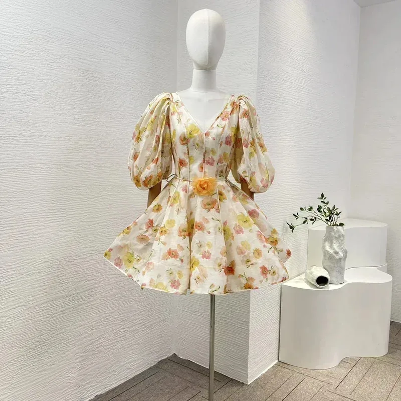 Sexy SilkFloral Print Vintage Elegant Silk Linen 2024 Women Clothing Half Puff Sleeve Belted Folds Waist Mini Dressparty