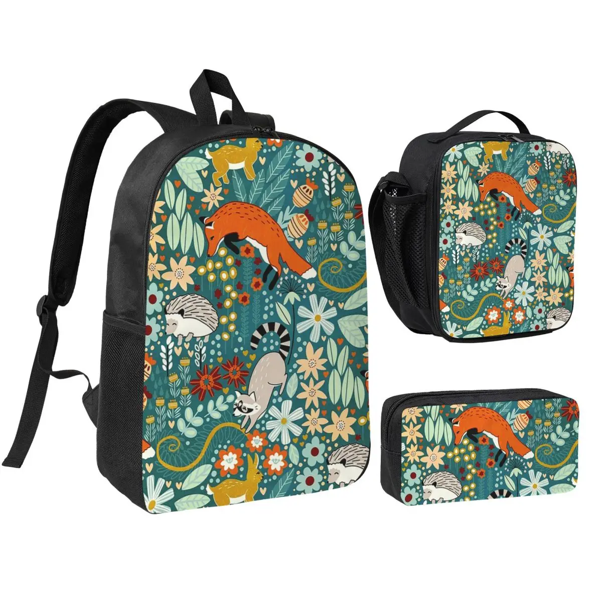 Textured Woodland With Plant Pattern Backpack Boys Girls BookBag School Bag Shoulder Bags 3ps Insulated Lunch Bag Pencil Case
