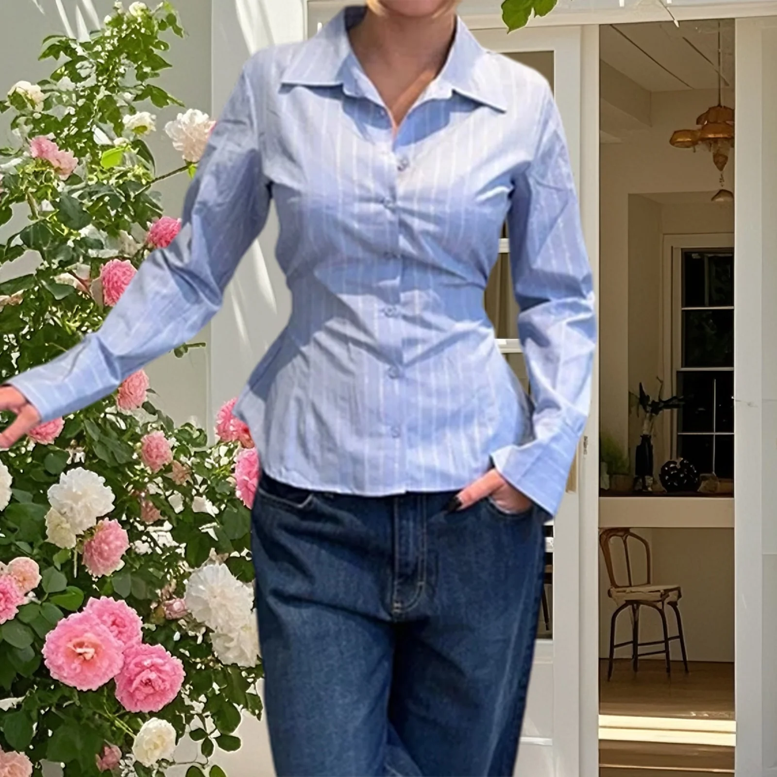 

Dourbesty женские весенне-осенние y2k винтажные топы в полоску с принтом рубашки с длинным рукавом на пуговицах минимализм эстетическая облегающая блузка топ