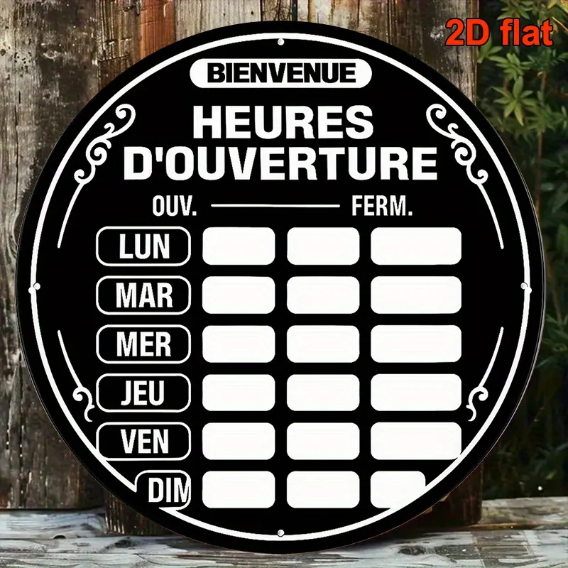 2D Flat - 1pc Vintage French Business Hours Chart | 2D Flat, 7.87x7.87inch Round Aluminum Wall Decor with Opening Times, Retro S