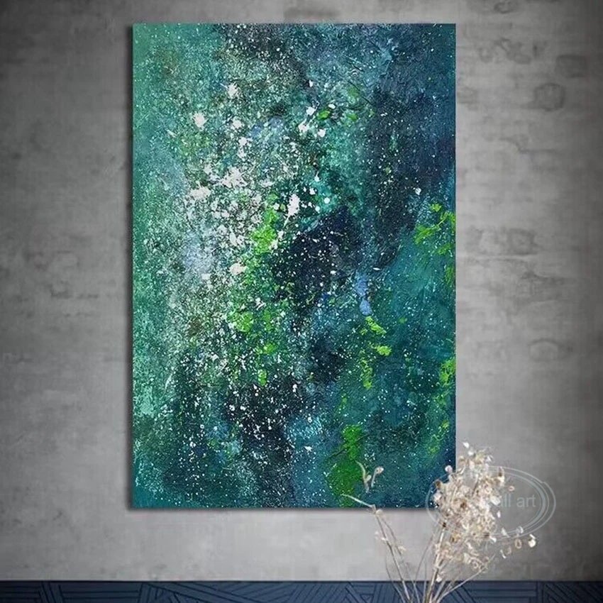 Nordic Modern Abstract Dark Green And White Flower  Pure Handmade Oil Painting  Decoration Mural Bedroom Dining Room Living Room