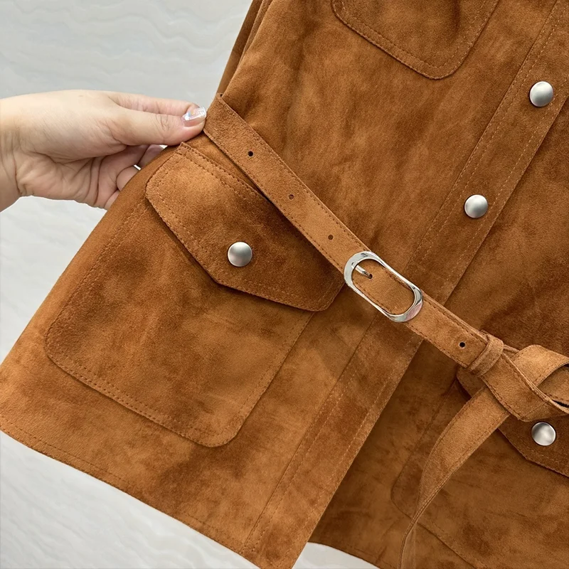 Abrigo de mujer de alta calidad, forro de piel de cabra de piel de ante, bolsillo cargo con cinturón en la cintura, chaqueta de ropa de marca de lujo 25923124