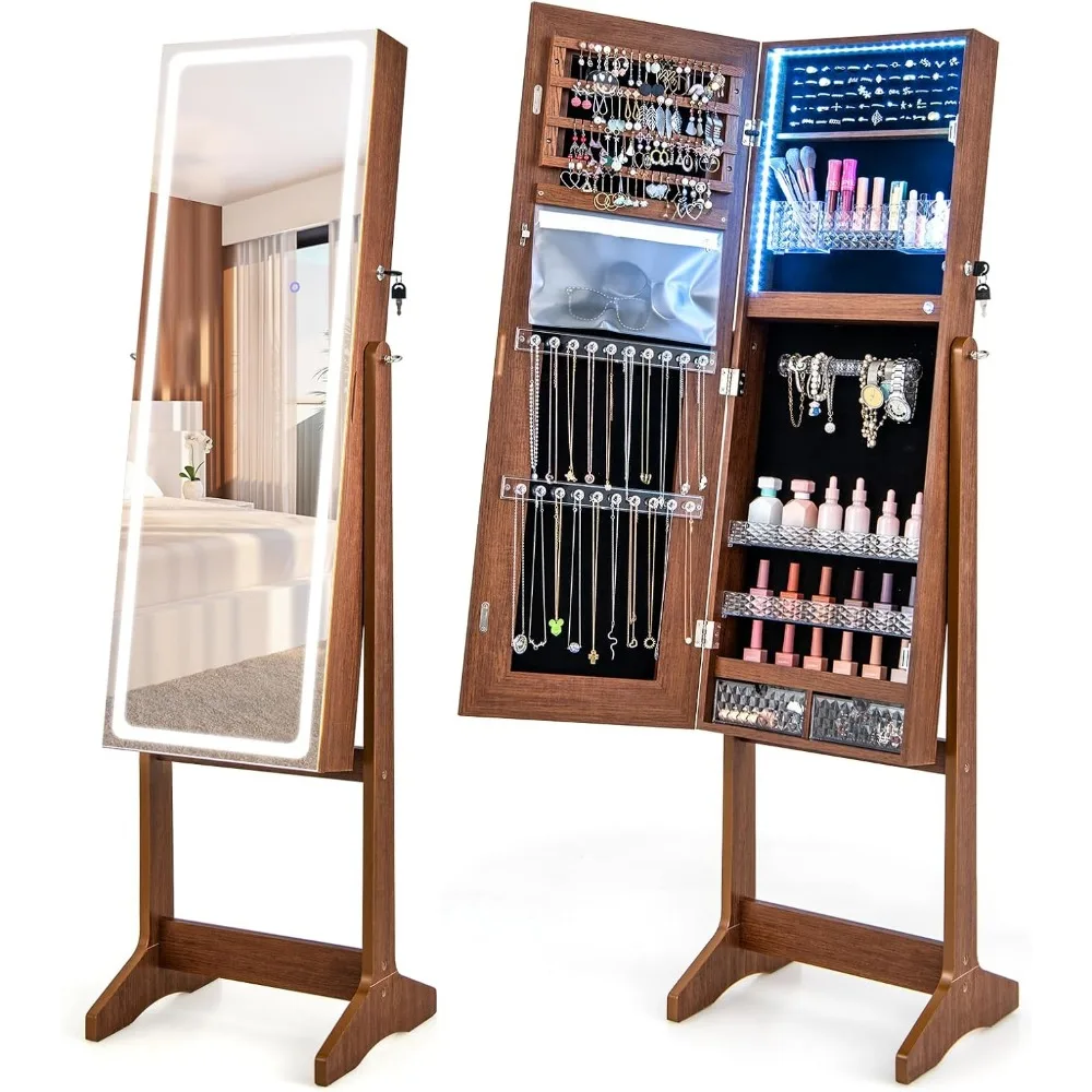 

Full Length Mirror With Storage, Standing Jewelry Armoire w/LED Lights, Storage Organizer w/Full-Length Mirror, Adjustable Light