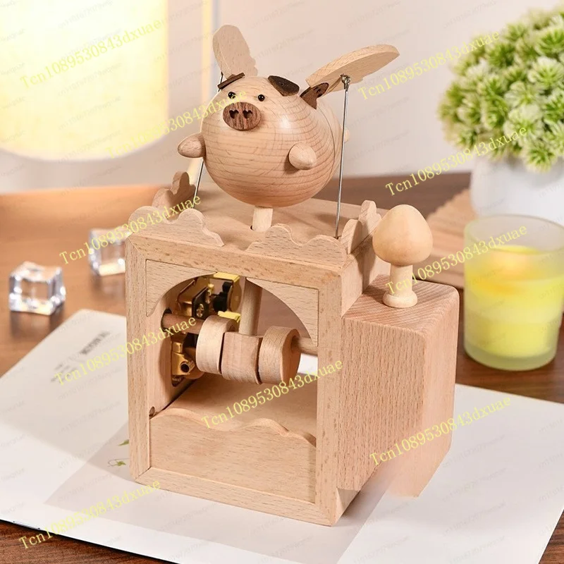 Wooden Flying Pig Music Box, Electric Automatic Levitating Swine Ornament with Melody, Creative Home Decor Gift