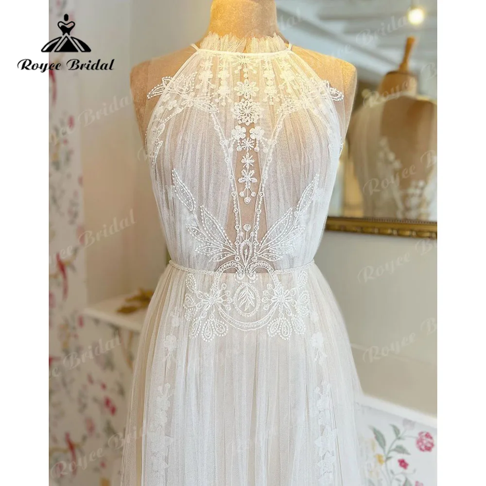 Roycebridal renda tule halter uma linha boho praia plissados vestido de casamento 2025 robe mariage vestido de noiva recibo jantar personalizado