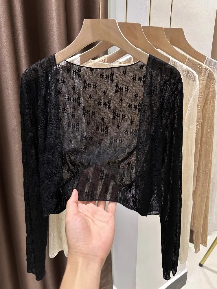 

Кружевной открытый кардиган с цветочным принтом, женский кардиган на бретельках, верхняя крышка, летняя длинная теплая тепла, маленький топ Jaet Me, тонкий топ, защита от солнца