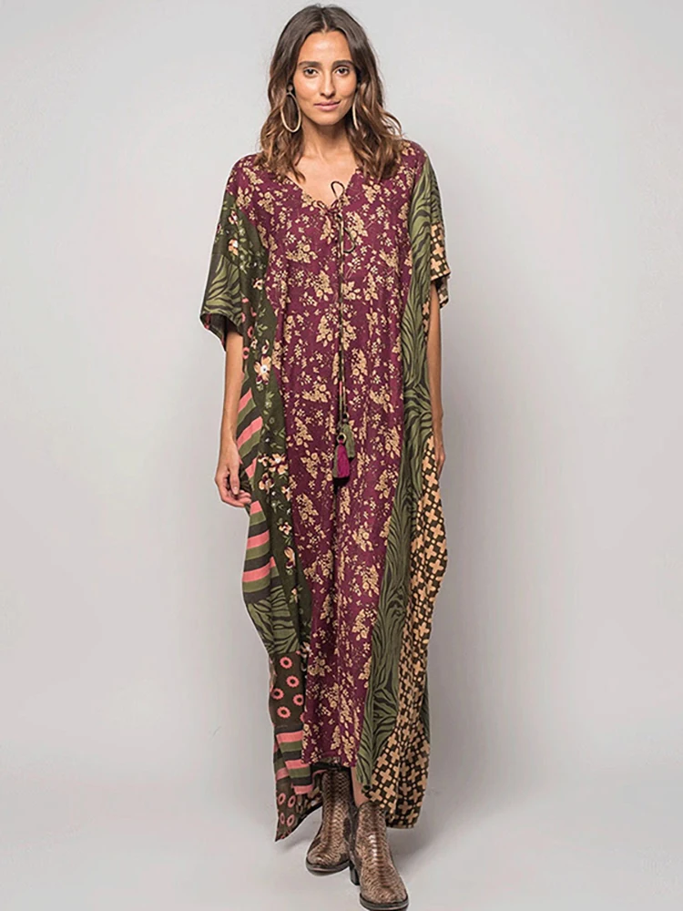 Boho Jurk V-hals Beach Cover Up Pareo Maxi Jurk Vrouwen Lange Zomer Jurk Badpak Cover Up Gewaad Plage Kaftan jurk Beachwear