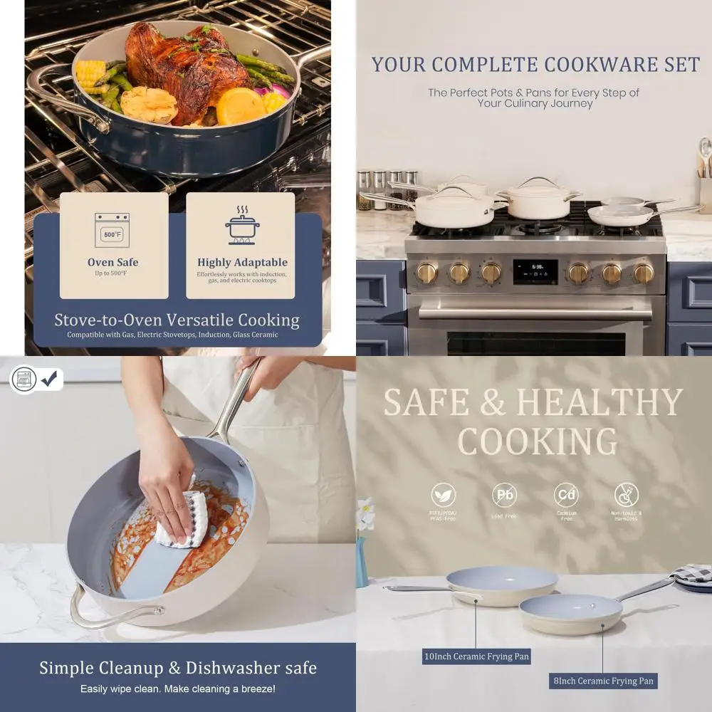 

10-кремовая керамическая сковорода с антипригарным покрытием — здоровое приготовление яиц, блинов, жарки, даже нагрев, без ПТФЭ/PFOA/PFAS, все варочные панели, Sta