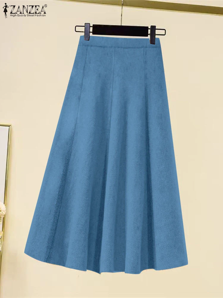 

ZANZEA Vintage Solid Color Pleating Faldas Women OL A-Line Long Skirt Fashion Midi Waist Jupes 2024 Autumn Loose Midi Overskirts