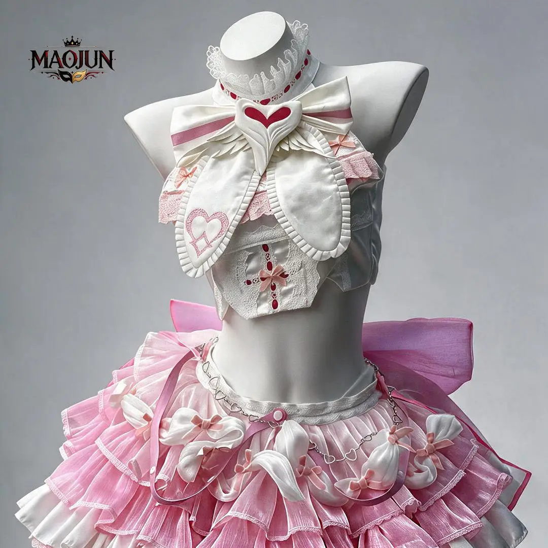 Path to Nowhere Falur Cosplay Costume Sweet Pink White Heart Pattern Ruffled Tiered Skirt  Lace Bow Layered Organza Dress