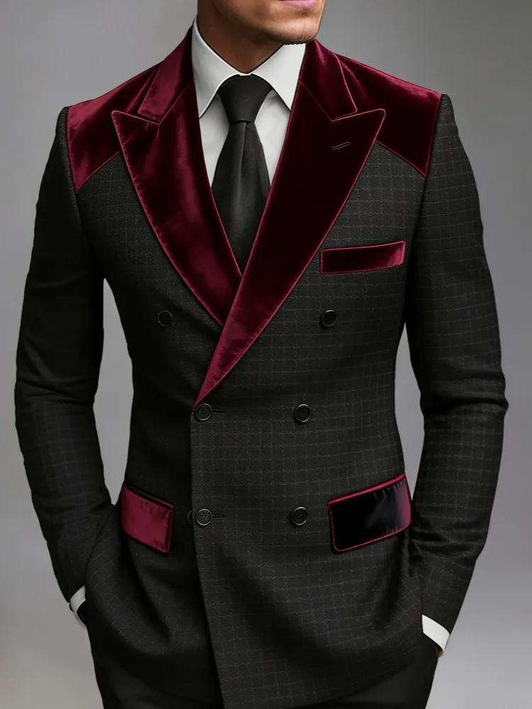 Men Spliced Decorative Lapel Double‑Breasted Grid‑Pattern Formal Wedding Blazer