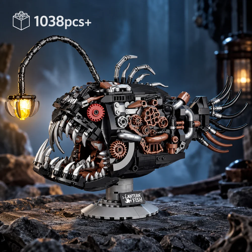 1038Pcs Technical Anglerfish Mechanical Building Blocks Toys DIY Deep Sea Creature Model With Light Creative Birthday Gift Kids