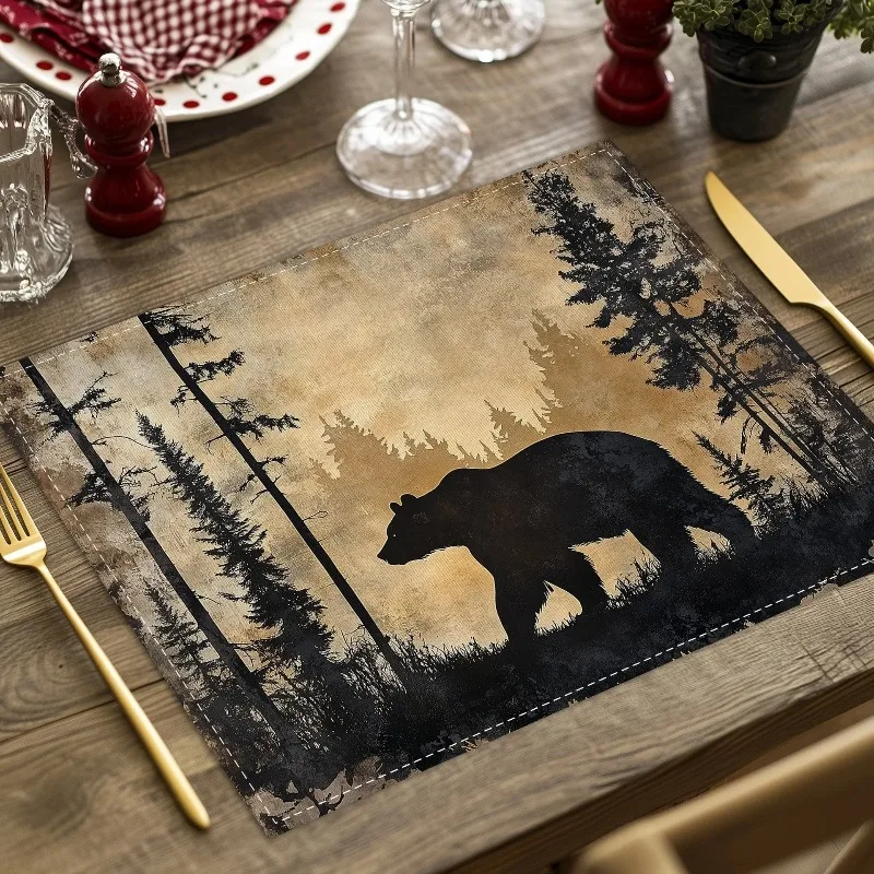 Rustic Wildlife Printed Placemats Deer Wolf Bear Designs Linen Non-slip Tableware Pads for Dining Table Mats Kitchen Table Decor