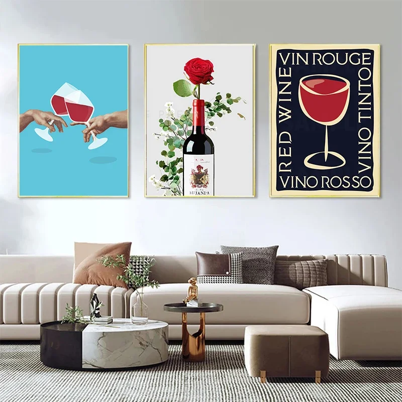 Red Wine Alcoholic Beverages Painting Canvas Poster Goblet Modern Wall Art Picture for Living Room Bedroom Store Home Decor