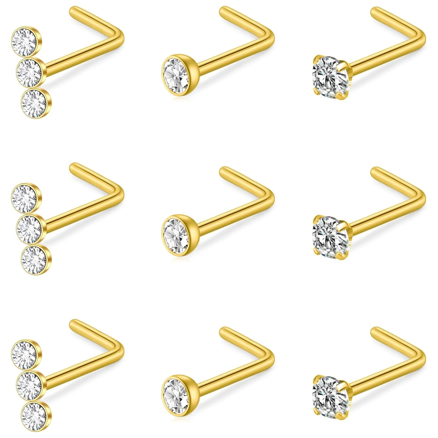 20G Nose Studs Golden 316L Stainless Steel L Shape Bone Diamond Round Corkscrew Nose Ring Nostril Piercing Jewelry For Women Men