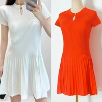 Summer Women Sexy Short Sleeve A Line Knitted Dress Red White Black Solid Slim Waist Dress Korean Fashion Casual Pleated Dresses