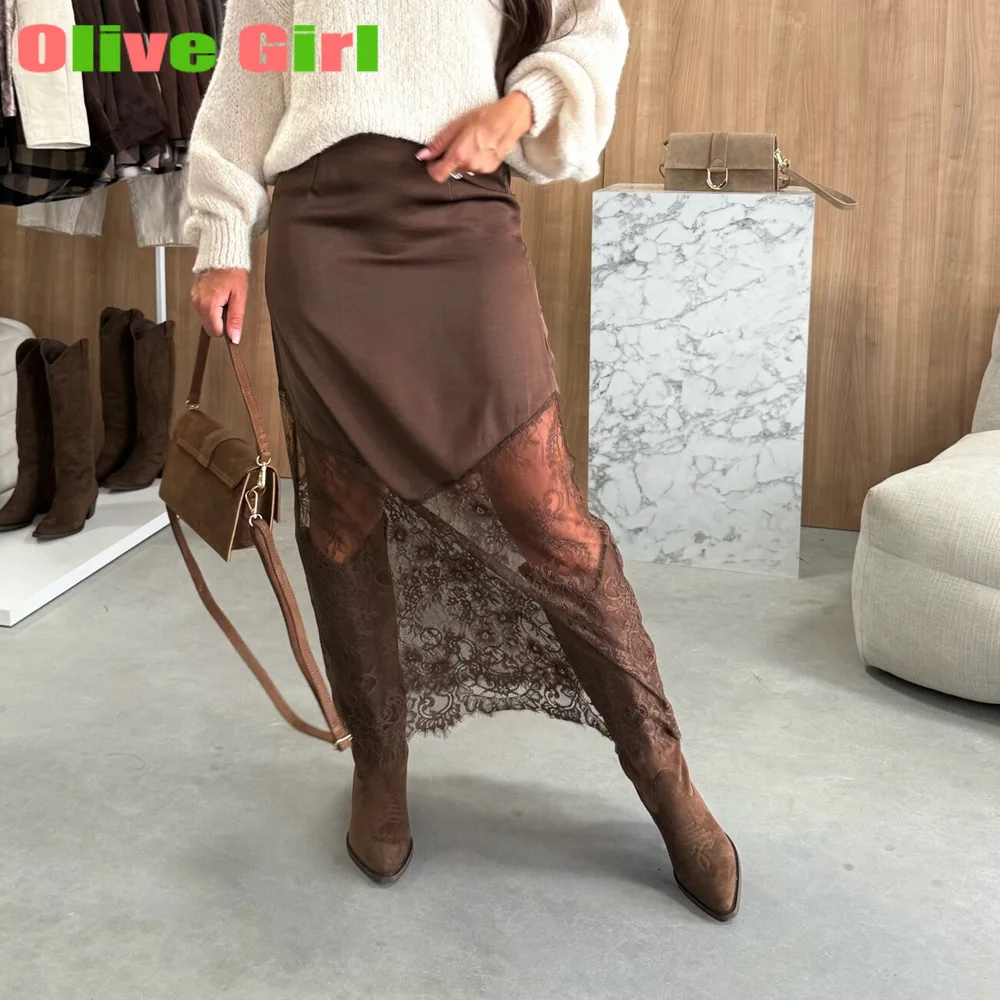 กระโปรงสั้นทรงสวยสไตล์เซ็กซี่ 2025 ยุโรปอเมริกา ฤดูใบไม้ร่วง ฤดูหนาว กระโปรงผู้หญิงเซ็กซี่แต่งลูกไม้แบบต่อผ้า ความยาวปานกลาง