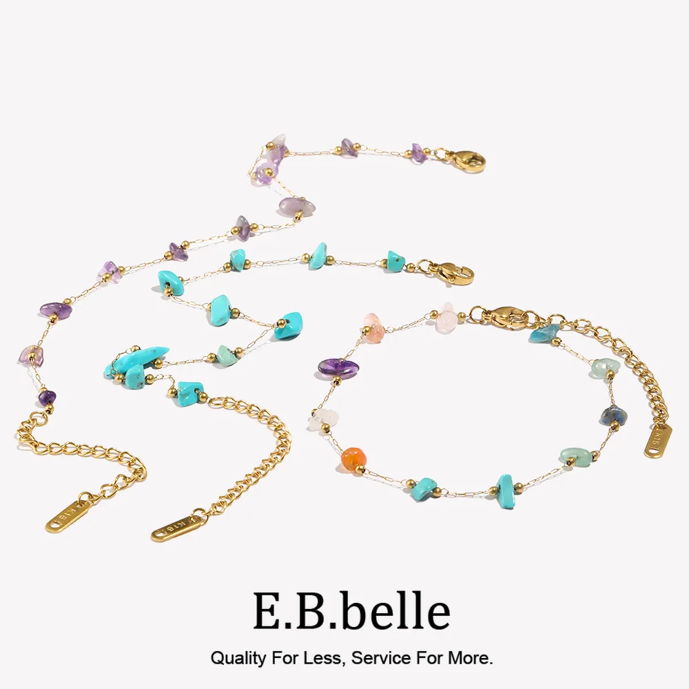 E.B.belle Natural Stone Pearl Bracelet Colorful Stone Powder Purple Blue Crystal 316L Stainless Steel 18K Gold Plated Necklace