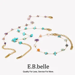E.B.belle Natural Stone Pearl Bracelet Colorful Stone Powder Purple Blue Crystal 316L Stainless Steel 18K Gold Plated Necklace