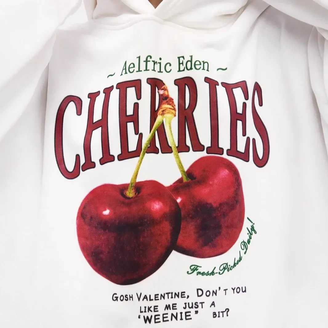 Aelfric Eden Cherry منقوشة هوديي نمط الشارع ملابس رياضية علوية عصرية بقلنسوة كاجوال فضفاضة تناسب الشتاء البلوز