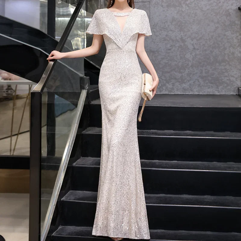 Customized Sexy Sequined Elegant Evening Dresses Slim Waist V-neck Robe Chic Sleeves Party Dress 2024 Summer Trumpet Women Shiny