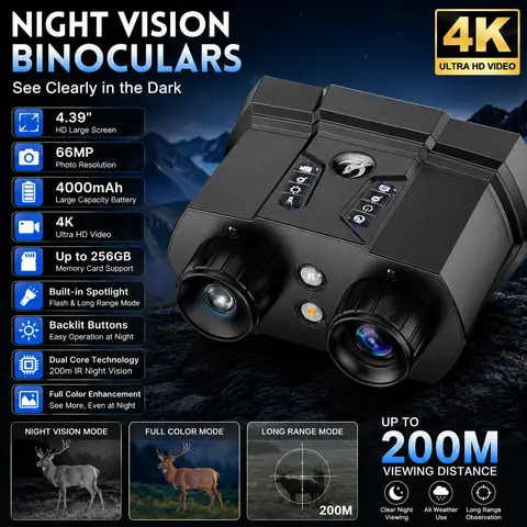 4K Night Vision Goggles Binoculars  18X Zoom 850nm Infrared Hunting 4.39" Screen 900m Range CE RoHS Photo Video Camera Crosshair