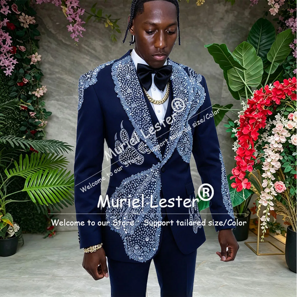 Luxury Men’s Suit Pearl & Crystal Beaded Embellished Wedding Suit Couture Groom Tuxedo Stage Designer Formal Wear Ropa Hombre
