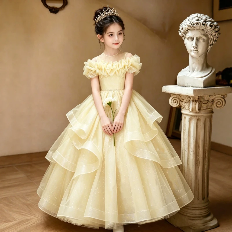 Children Girls Yellow Formal Wedding Flower Girl Kids Birthday Party Banquet Princess Gown Kids Host  Piano Performance Clothes