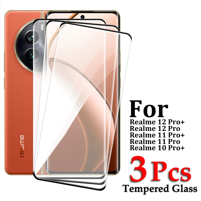 4/3/2PCS For Realme 12 Pro+ Tempered Glass For Realme 10 11 12 Pro Plus Screen Protector 3D Curved Full Cover Protective Glass
