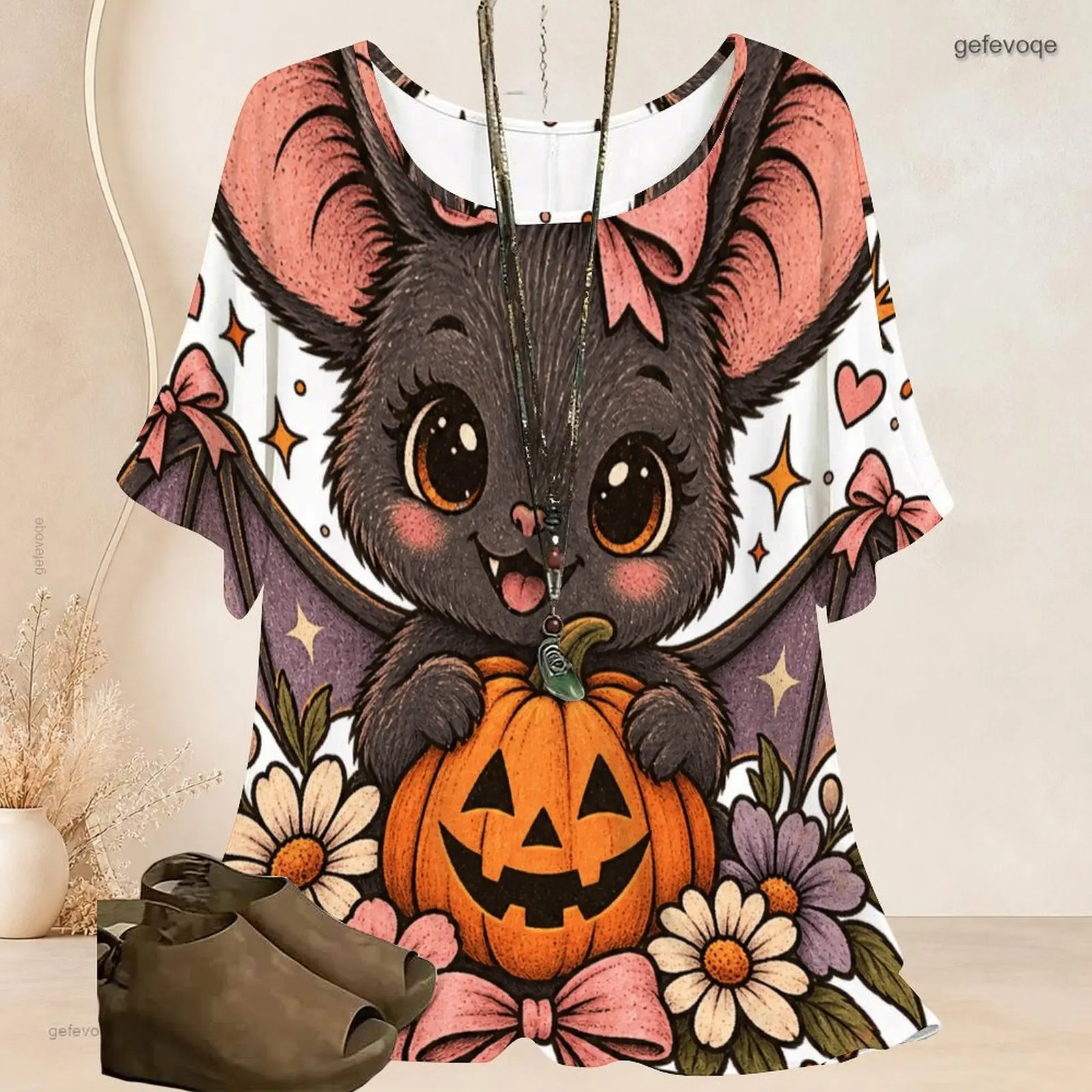 Women Round Neck Loose Wide Batwing Short Sleeve Top, Cartoon Bat Jack-O'-Lantern Floral Print