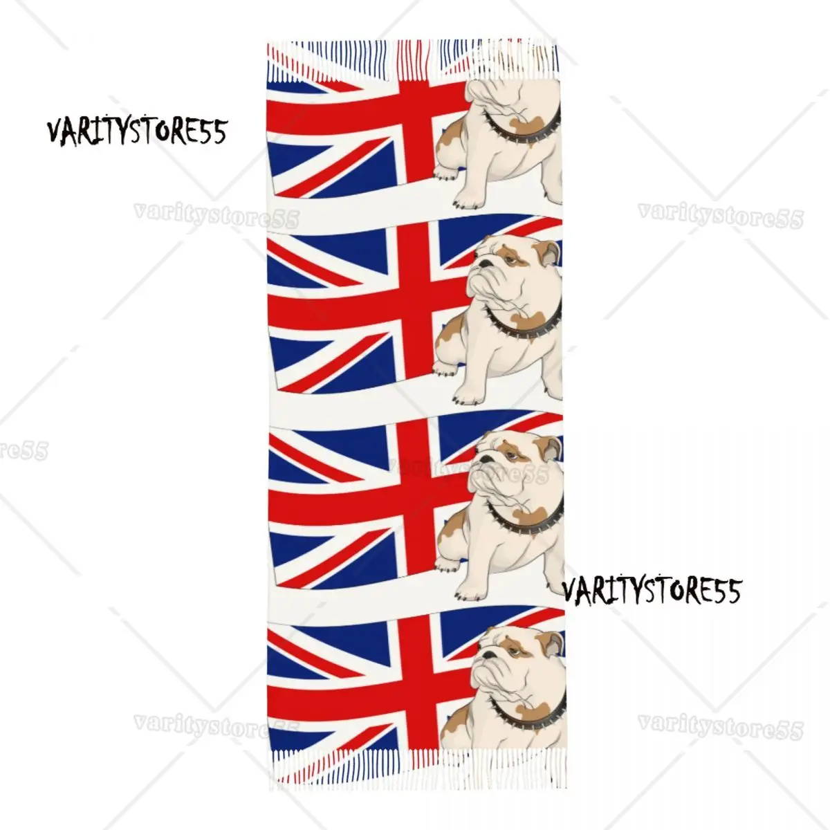 Gepersonaliseerde Gedrukte Engelse Bulldog Op Een Achtergrond Van De Britse Vlag Lange Stapel Franje Mannen Sjaal Vrouwen Anti Chill Sjaal