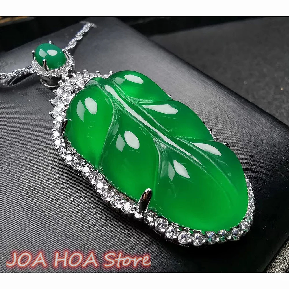 

Natural JADEITE Chain Silver Inlaid Chalcedony Emerald Leaf Shape Agate Green Pendant Ice Necklace Neck-hewelry FINE Jewelry