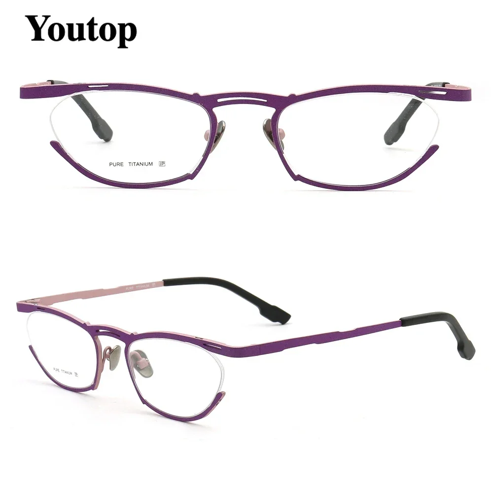 Cat Eye Women Pure Titanium Eyeglass Frame for Women Optical Glasses Frame Metal Prescription Eyewear Retro Half Rim Purple Blue