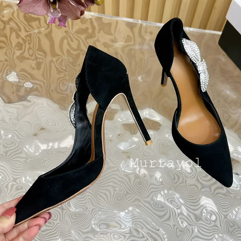 Cow Suede Shallow Mouth Thin Heel Sandals Women Pointed Toe Rhinestone Decor Single Shoes  Spring Summer Party Dress Shoes Pumps