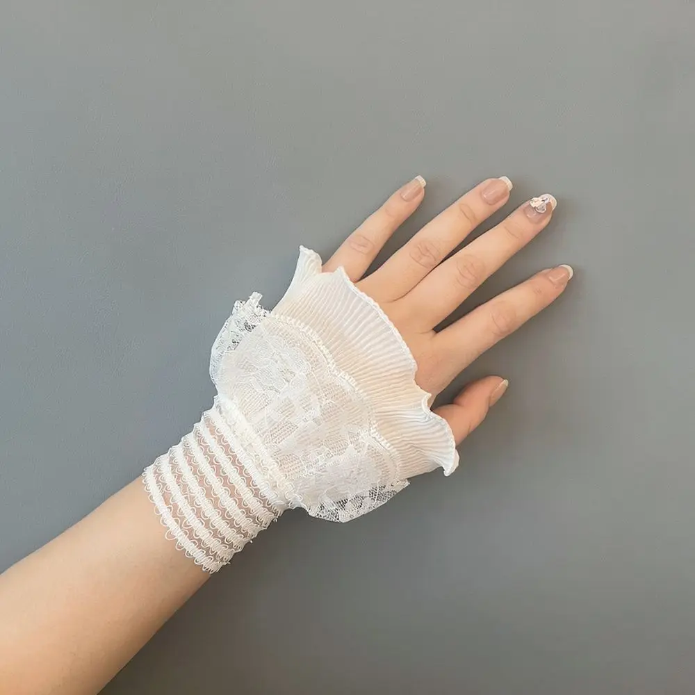 Chic Double Layer Lace Ruffle Cuffs Hollow Out Decorative Wrist Accents Stylish Fashion Accessory For Daily Wear
