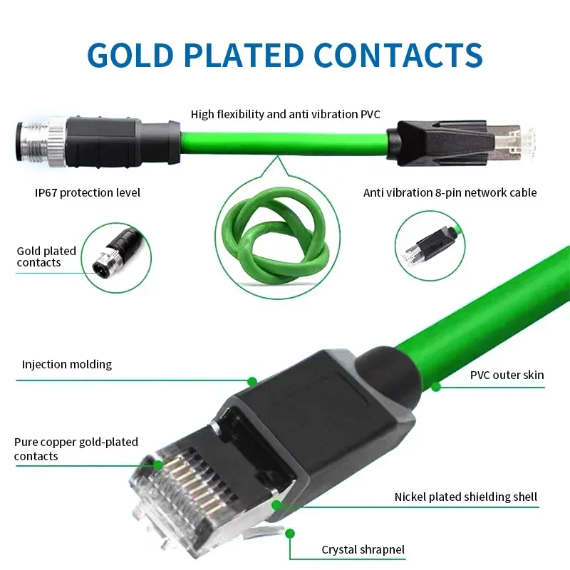 Industrial M12 8Pin A-type to RJ45 Ethernet Cable Connector IP67 Gigabit Male Female Profinet Dual Shielded Drag Chain Line