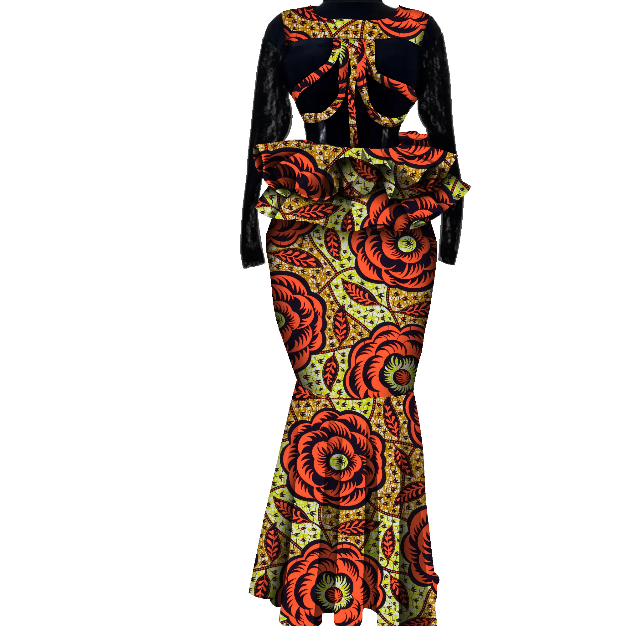 Conjunto de falda de 2 piezas para mujer, ropa con estampado africano, conjunto de top y falda de retazos, ropa de fiesta de boda de manga larga KG1324