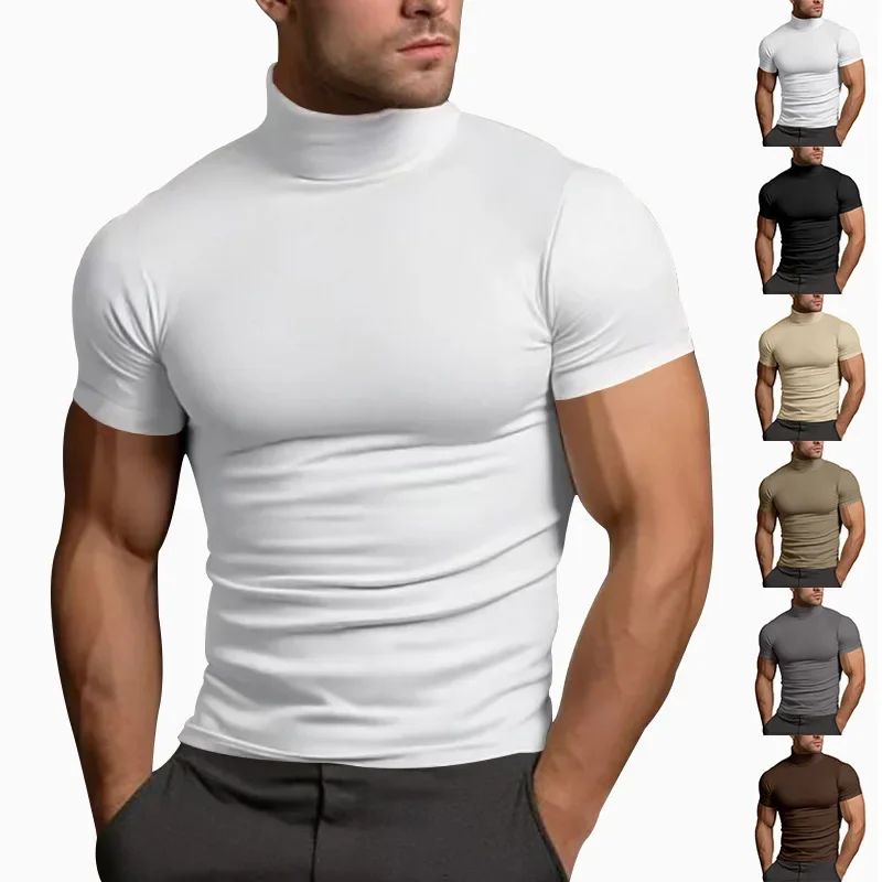 

Summer fashions solid color short-sleeved fashion bottoming shirt men's tight turtleneck T-shirt