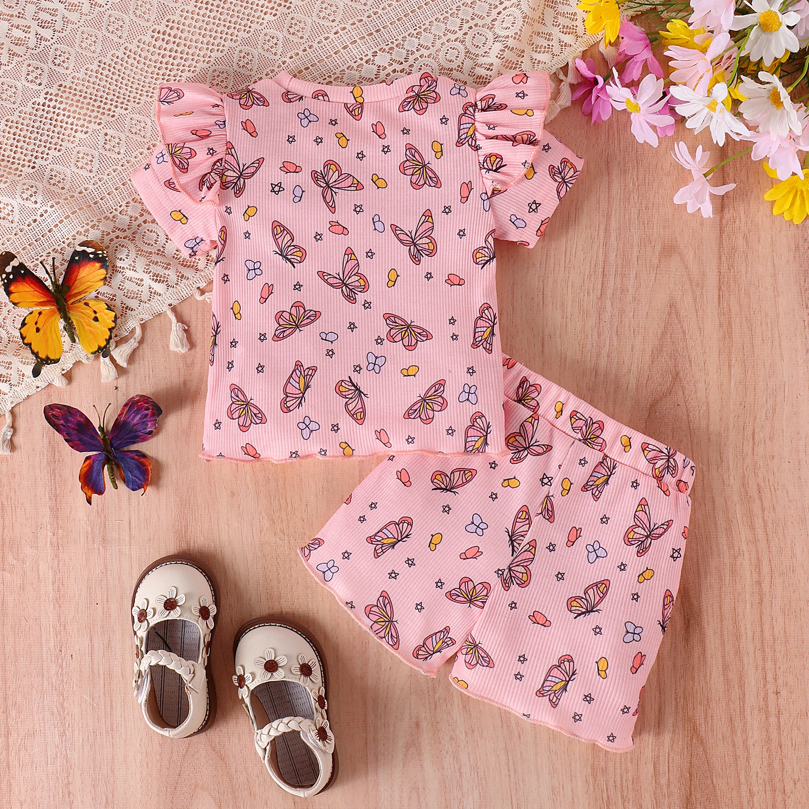 2PCS Summer 0-3 Years Old Trend Fashion Cute Baby Girl Universal Comfortable Soft Butterfly Flower Print T-Shirt + Shorts Set