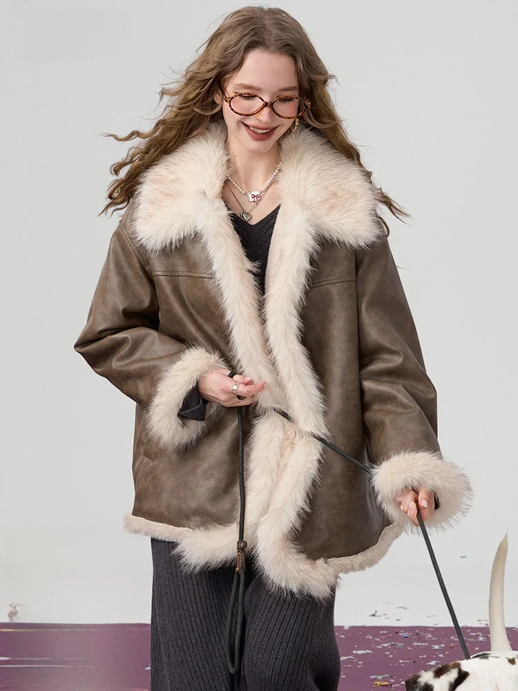 

Ele Brown Furry PU Leather Jaet Women's Winter Coat Korean Sle Cotton Clothes Elf Sa ket Fairy High-End Feeling