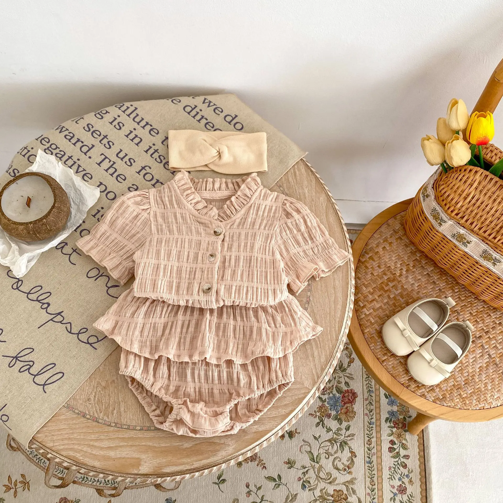 

Summer 2024 Baby Girls 2PCS Clothes Set Cotton Short Sleeve Solid T-shirts Ruched Solid Shorts Suit Toddler Girls Outfits