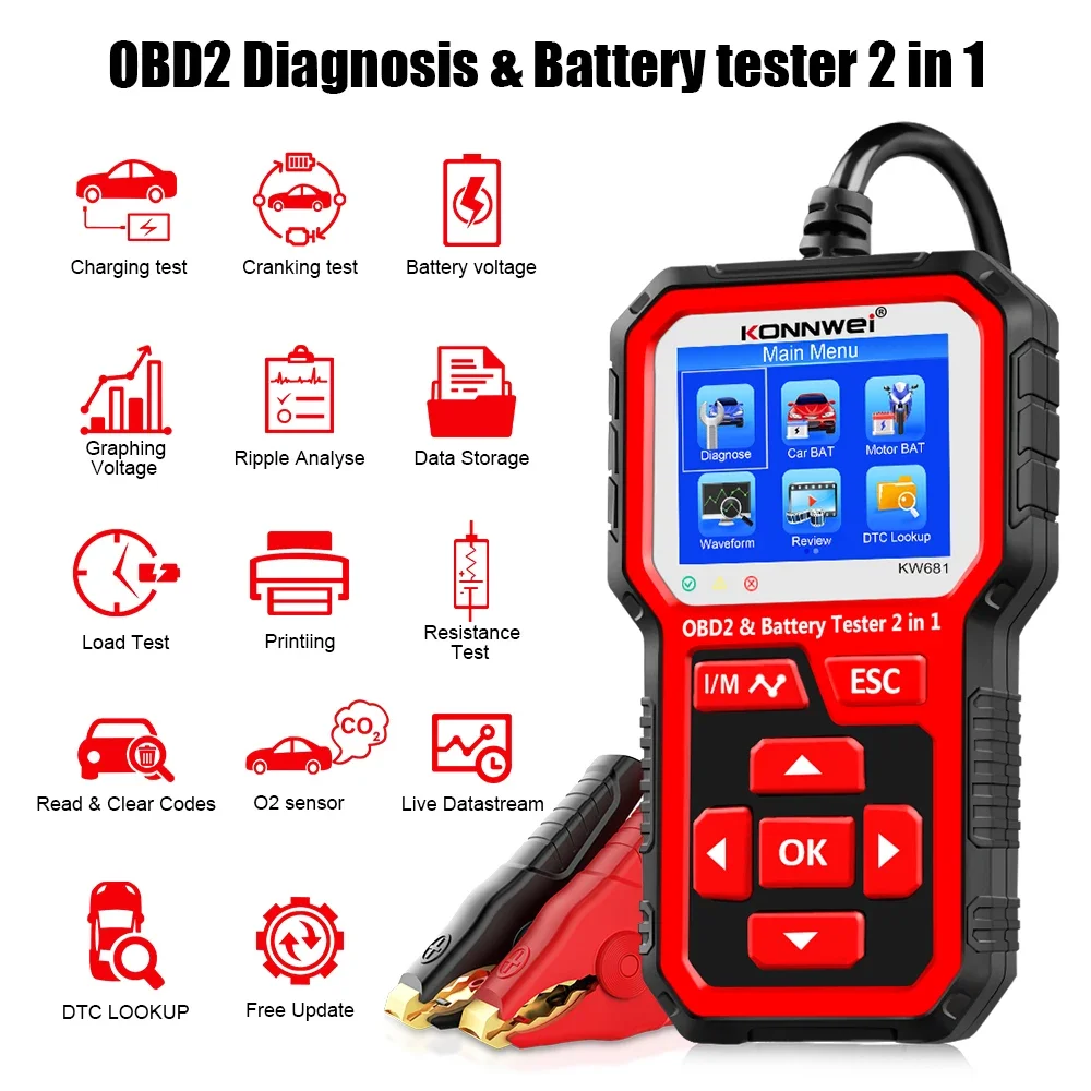 KONNWEI KW681 6V 12V Car Motorcycle Battery Tester  Obd 2 Auto Diagnostic Tool 2 in1 2000 CCA Car Diagnostics Obd2 Scanner