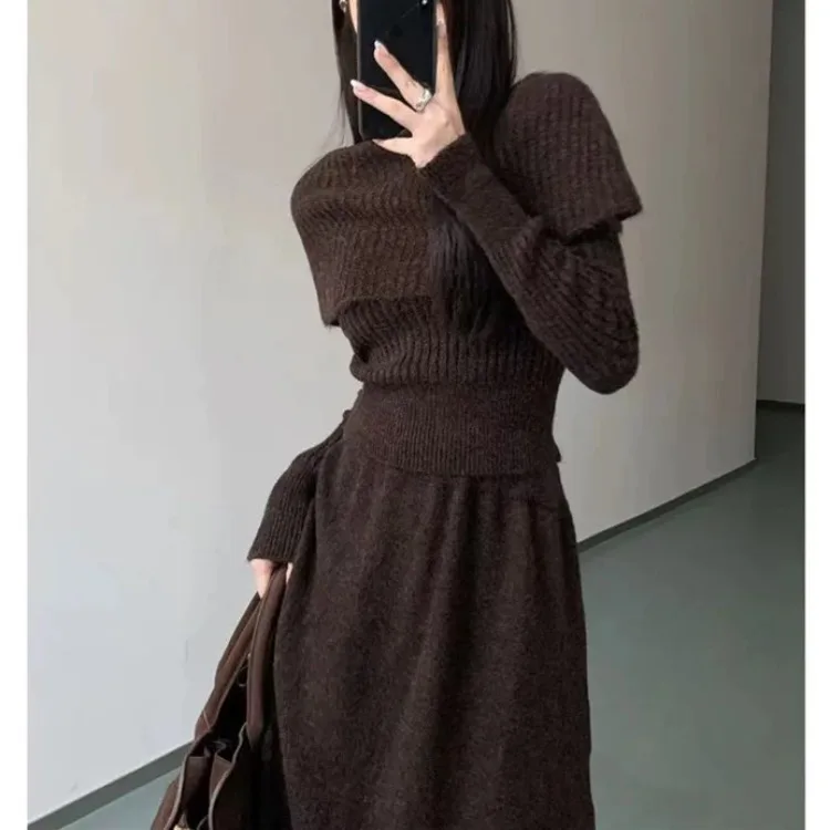 

Модный вязаный свитер и шитье, комплект из двух предметов для женщин, Ele Lady Sle, осень-зима, элитная юбка, топ