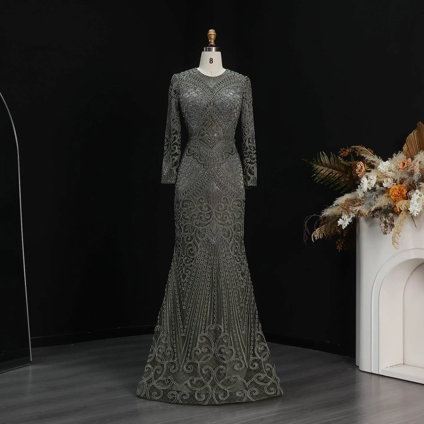 Sharon Said Dubai Übergröße Schwarzes Langarm-Paillettenkleid mit Perlen, Meerjungfrauen-Abendkleid, Saudi-Arabisches Damen-Ballkleid SS056 Maßanfertigung – Detail 4